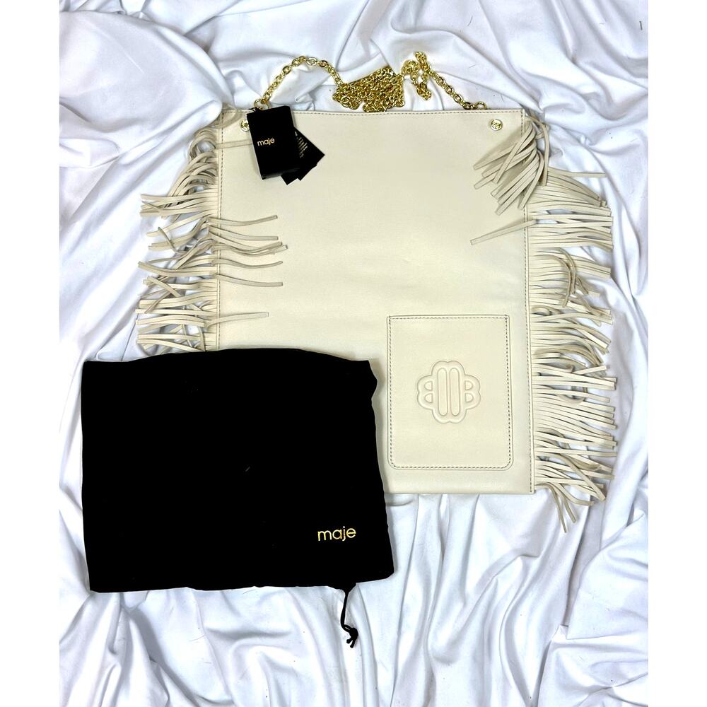 Maje Clover Fringed Sheepskin Leather Bag Vanilla Ecru 14.5" x 12" - Picture 12 of 13